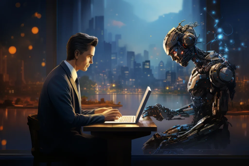 AI vs Human SEO doing work on laptop